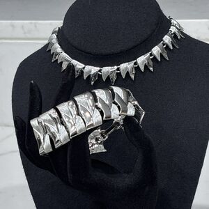 Vintage Silver Tone Necklace Bracelet Set Modernist Textured Statement Shiny